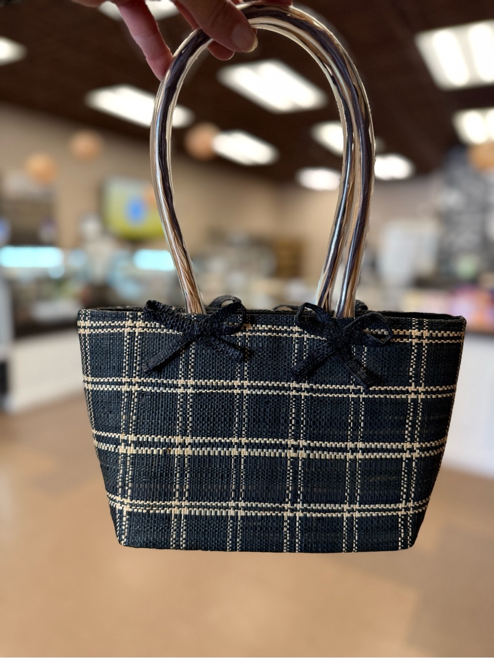 Paris Totes Vintage Black Plaid Woven Handbag Clear Raffia Handles Bow Purse